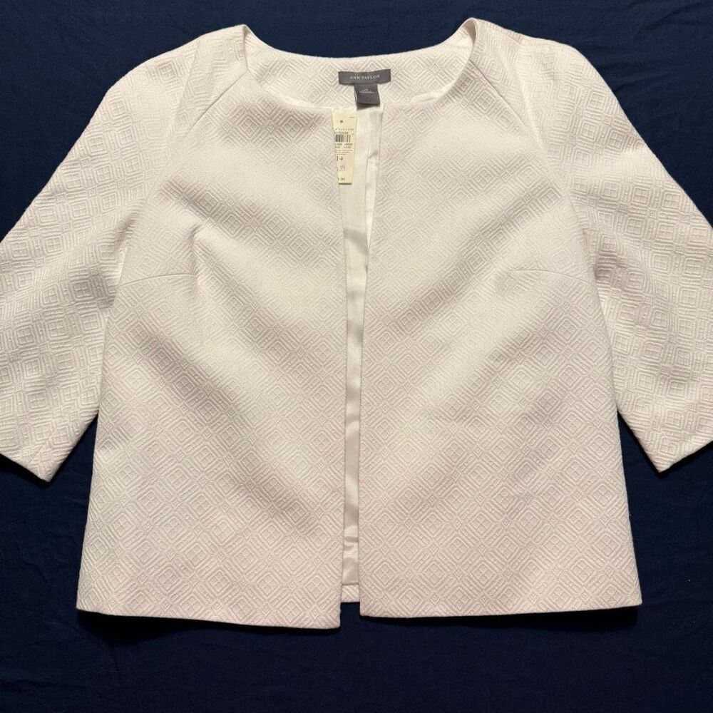 Ann Taylor White Textured Blazer | Geometric Damask | Collarless | Size 14 NWT